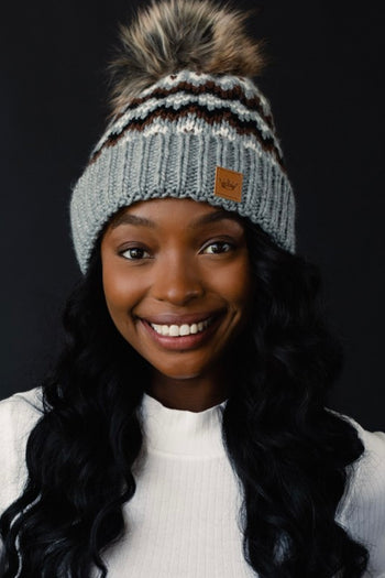 Gray & Brown Patterned Pom Hat