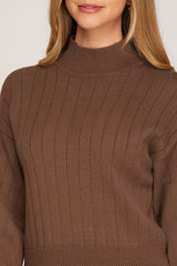 Brown Puff Sleeve Mock Neck Sweater