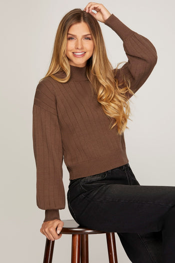 Brown Puff Sleeve Mock Neck Sweater