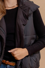 Black Asymmetrical Zip Up High Neck Puffer Vest