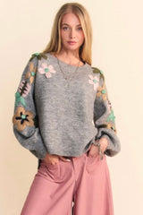 Gray Floral Embroidered Relaxed Sweater