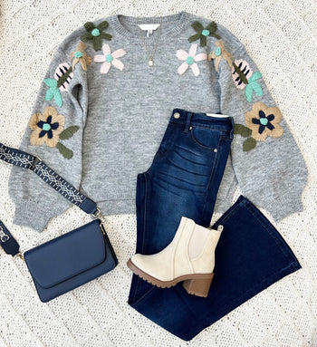 Gray Floral Embroidered Relaxed Sweater