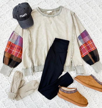 Mocha Plaid Patch Sleeve Sweatshirt