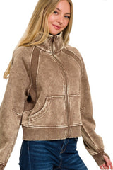 Mocha Mineral Wash Fleece Zip Up