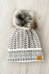 Beige & Taupe Patterned Pom Hat