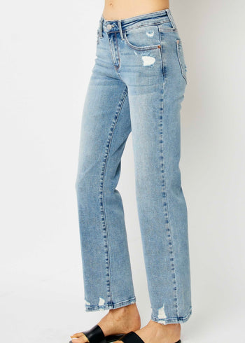 Judy Blue Mid Rise Distressed Straight Jeans