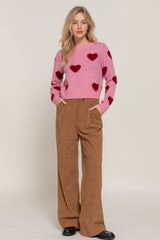 Cropped Pink & Wine Heart Sweater