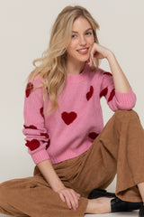 Cropped Pink & Wine Heart Sweater