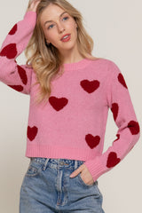 Cropped Pink & Wine Heart Sweater