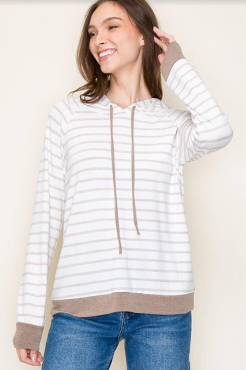 Taupe Striped Lightweight Knit Hoodie