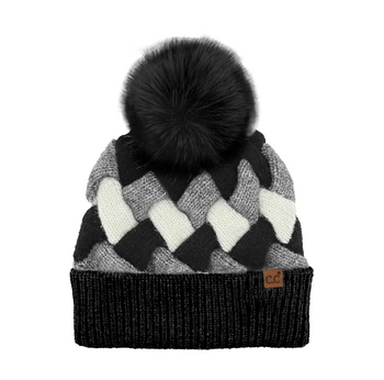 C.C Chunky Weaved Faux Fur Pom Beanie