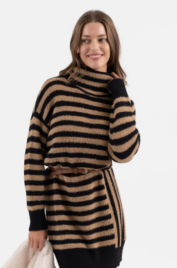 Camel Striped Turtleneck Sweater Dress - FINAL SALE