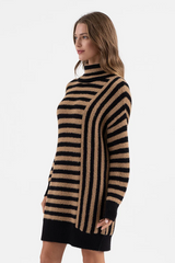 Camel Striped Turtleneck Sweater Dress - FINAL SALE