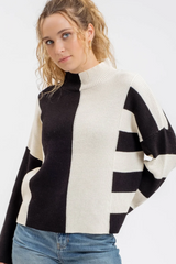 Black & Ivory Striped Colorblock Mock Sweater