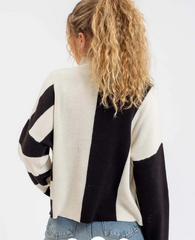 Black & Ivory Striped Colorblock Mock Sweater