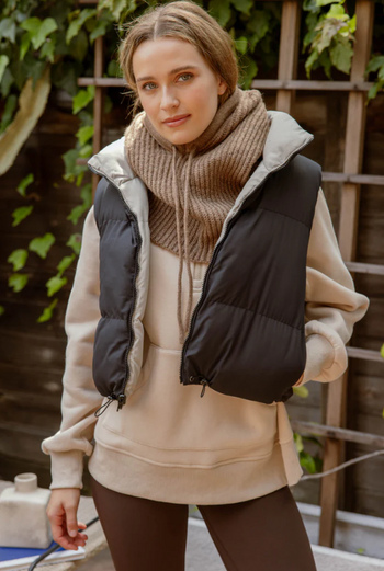 Reversible Black & Taupe Cropped Puffer Vest