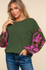 Olive Green Floral Sleeve Top