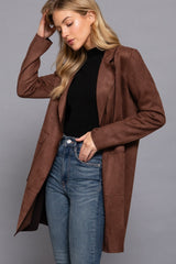 Deep Brown Faux Suede Open Coat