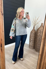 Gray Floral Embroidered Relaxed Sweater