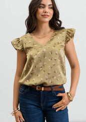 Olive Ruffle Floral Top