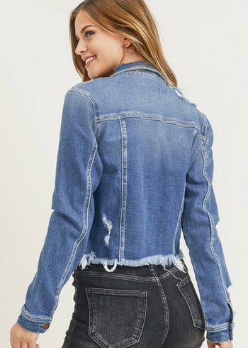 Risen Medium Wash Destructed Frayed Hem Denim Jacket