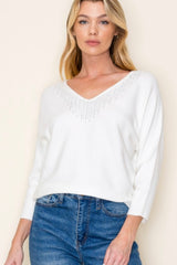 Ivory Rhinestone Dolman 3/4 Sleeve Top