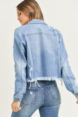 Risen Light Wash Destructed Frayed Hem Denim Jacket