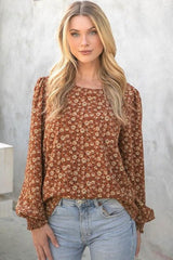 Rust Floral Smocked Sleeve Top